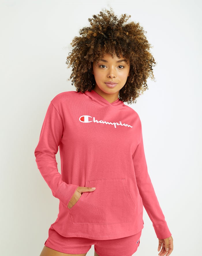 Champion Womens Hoodie NZ - Midweight Jersey Script Logo Coral ( 9813-UCWLJ )